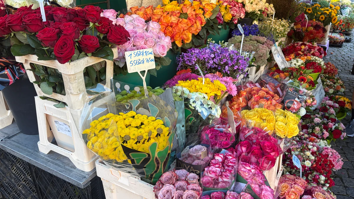 Große Auswahl an Schnittblumen und Rosen in Kisten am Rosen-Bähr-Marktstand in Emmendingen