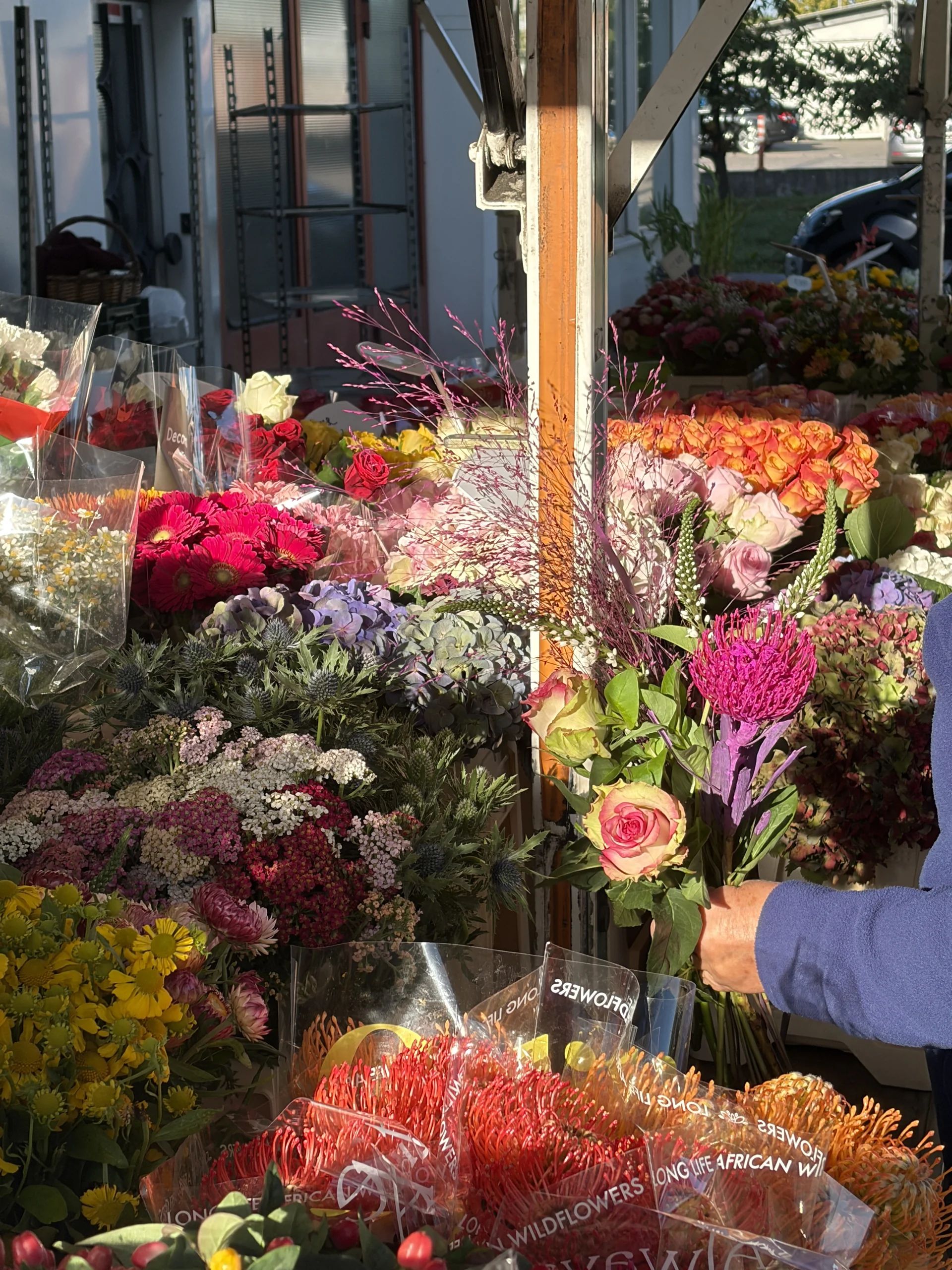 Auswahl eines Blumenstraußes am Rosen-Bähr-Marktstand