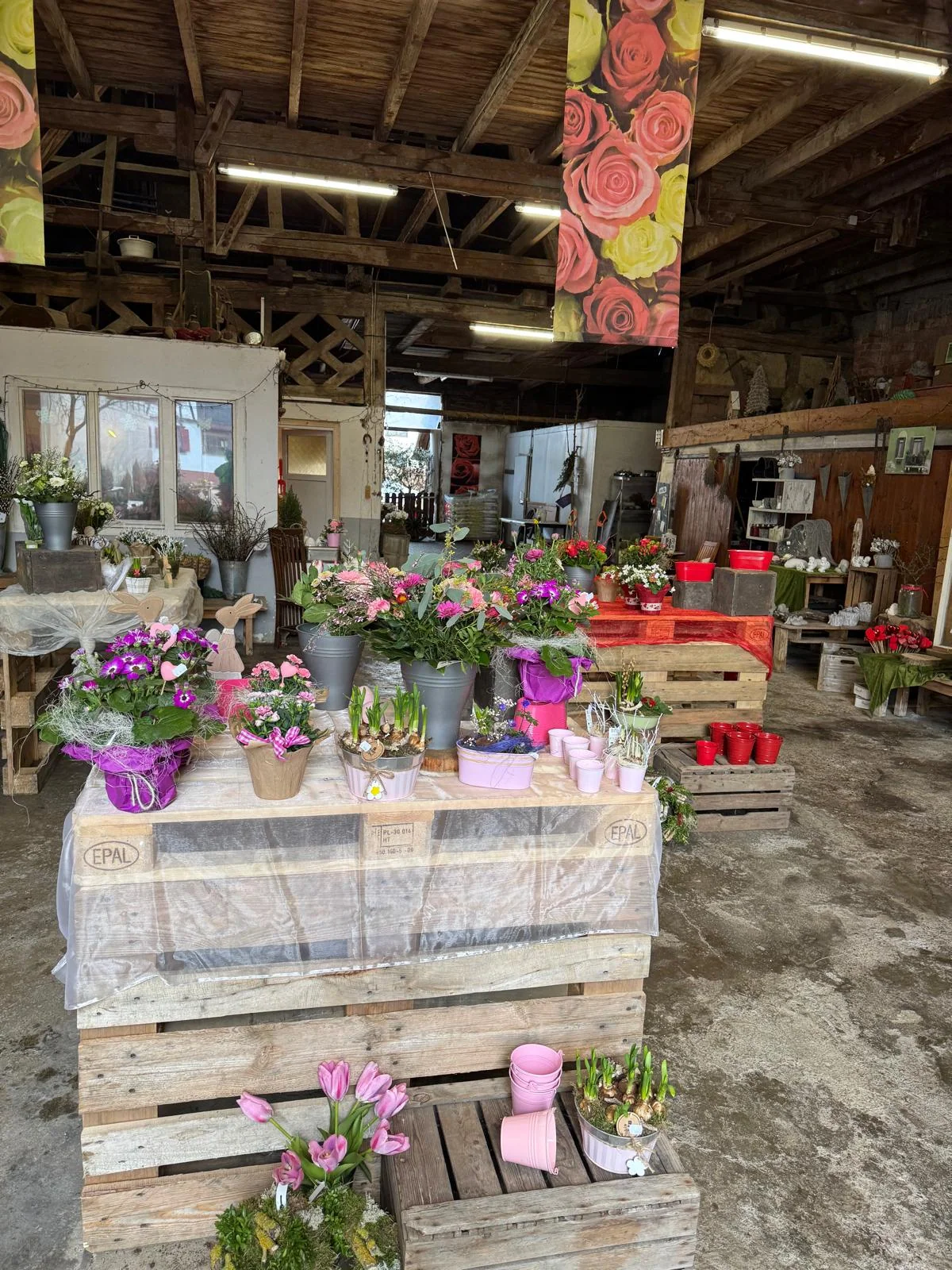 Blumentische aus Holzpaletten unter offenem Holzgebälk im Scheunenladen in Friesenheim