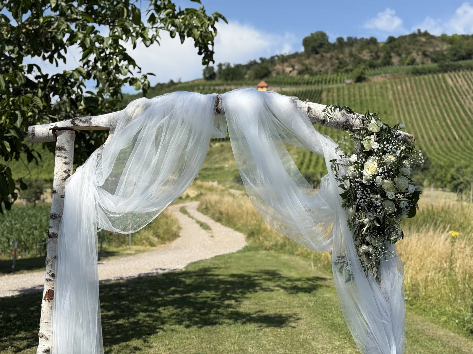 Mit weißen Tüchern und Blumen geschmückter Traubogen vor einem Weinberg